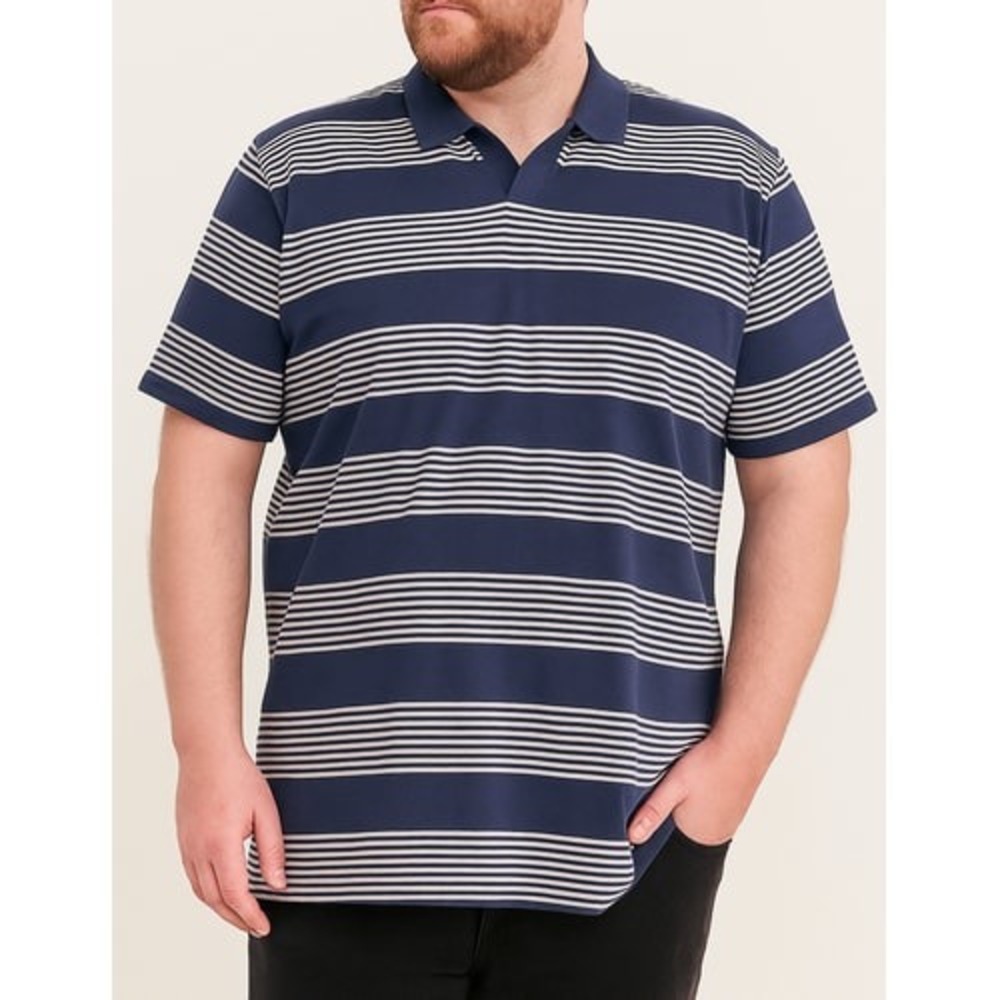 Bigdude Mens Navy Blue White Striped V-Neck Short Sleeve Polo Shirt Size 7XL